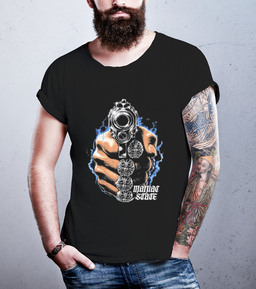Maniac State Handgun Fist Chrome Cross Rings T-Shirt