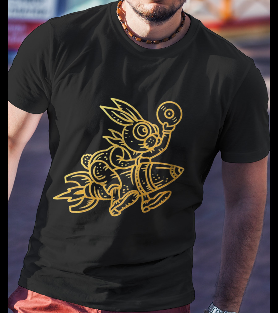 Golden Rabbit Riding A Rocket With Vinyl Record Music Space Adventure T-Shirt