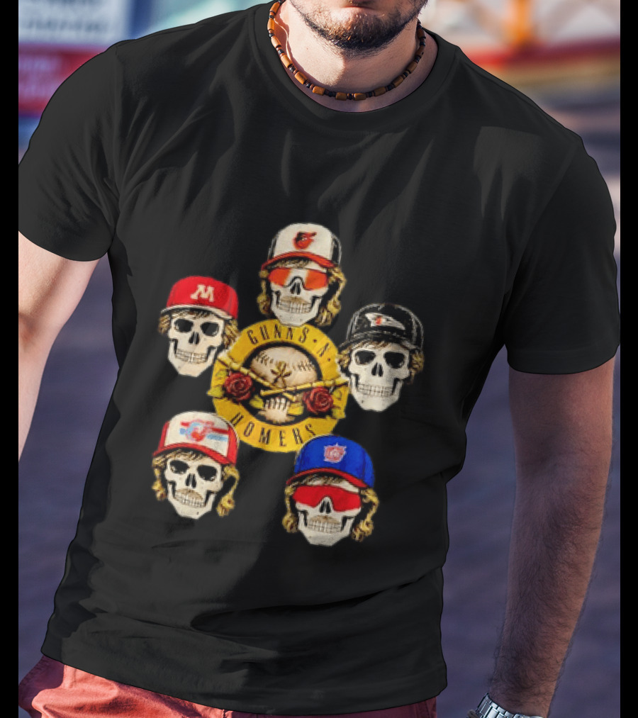 Gunns N Homers Baseball Skull Mashup With Five Caps T-Shirt