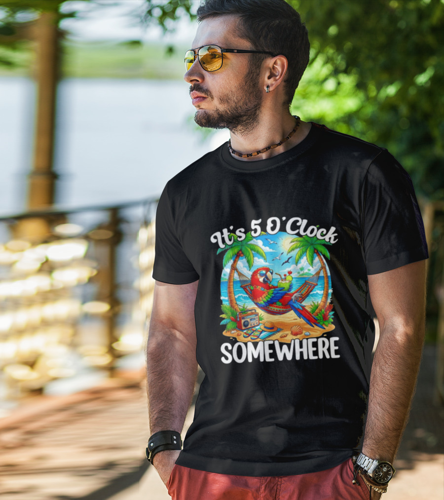 Parrot Relaxing In Hammock On Tropical Beach With It's 5 O' Somewhere Vibe T-Shirt