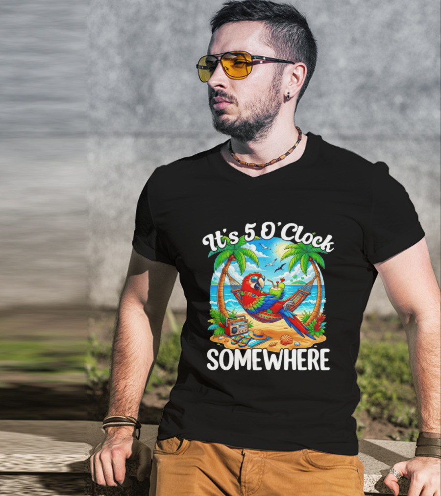 Parrot Relaxing In Hammock On Tropical Beach With It's 5 O' Somewhere Vibe T-Shirt