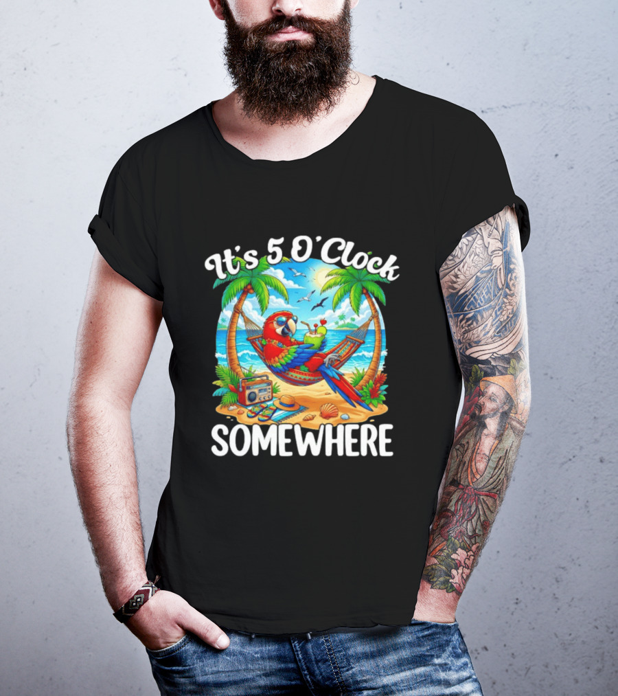Parrot Relaxing In Hammock On Tropical Beach With It's 5 O' Somewhere Vibe T-Shirt