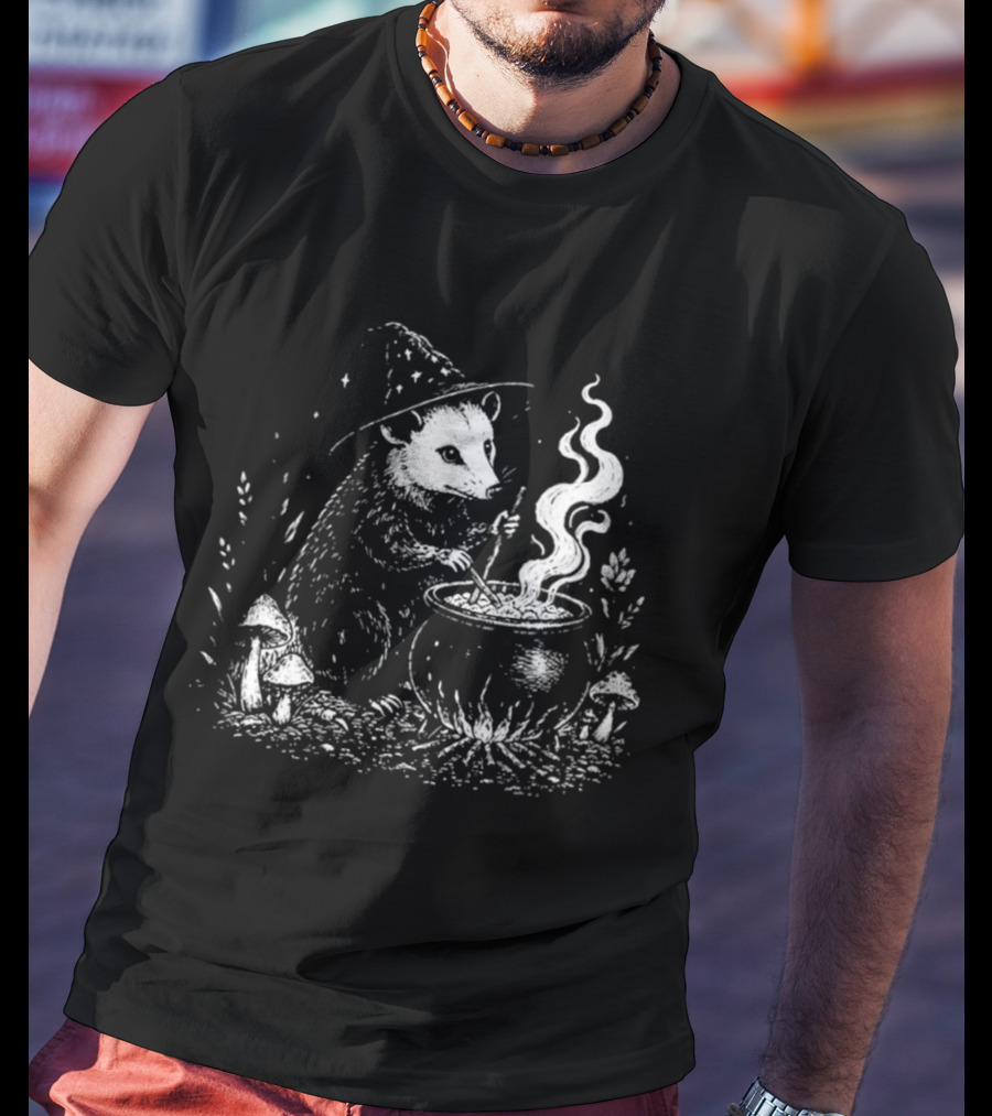 Witch Opossum Stirring Cauldron Surrounded By Mushrooms T-Shirt
