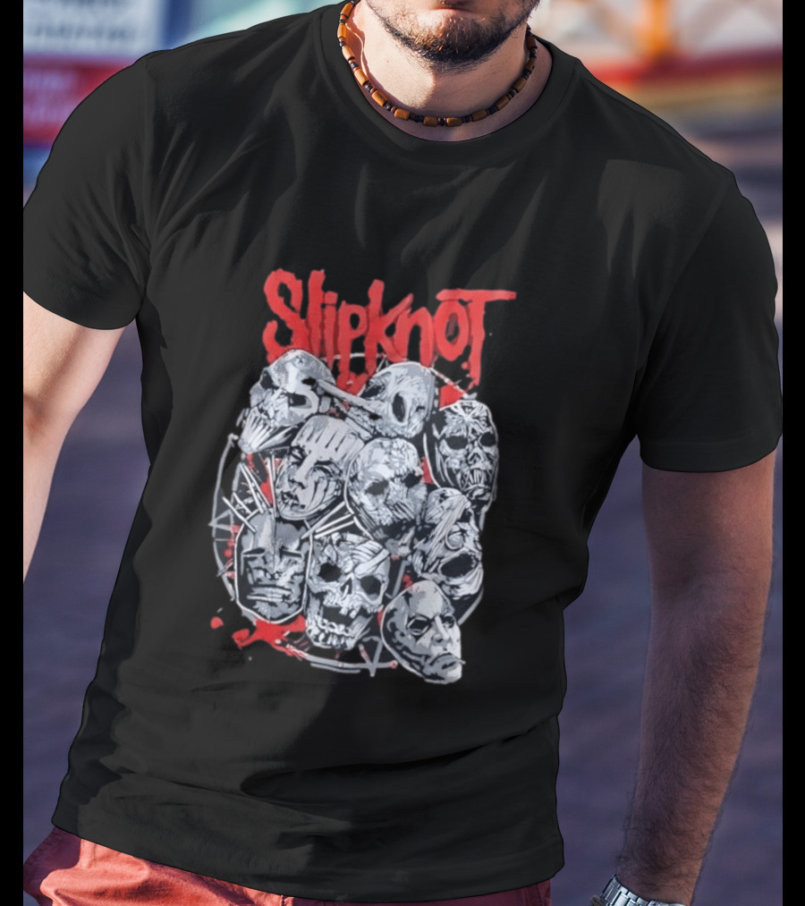 Slipknot Mask Collection With Band Name In Red T-Shirt