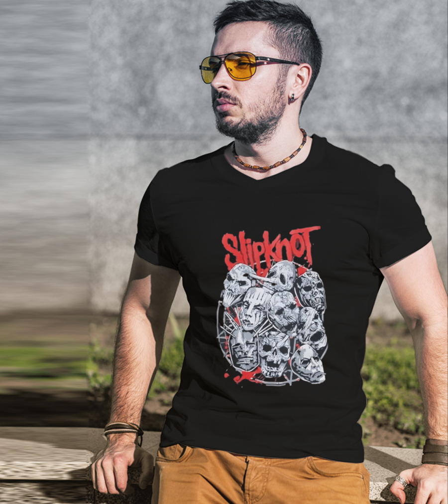 Slipknot Mask Collection With Band Name In Red T-Shirt