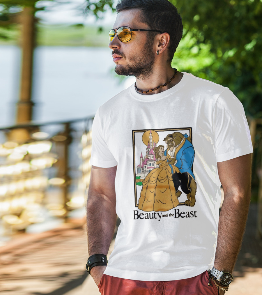 Beauty And The Beast Belle And Beast Dancing In Front Of Castle T-Shirt