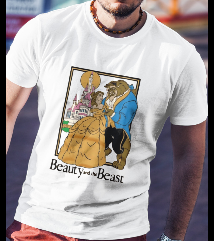 Beauty And The Beast Belle And Beast Dancing In Front Of Castle T-Shirt