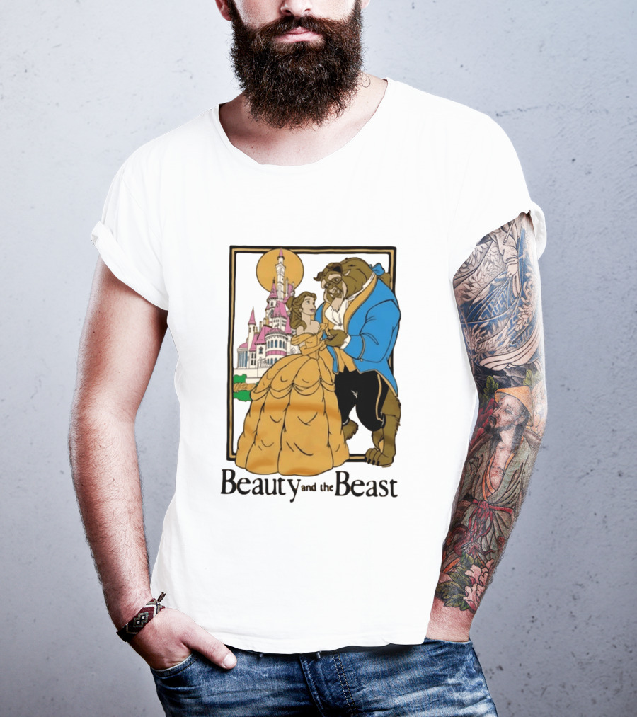 Beauty And The Beast Belle And Beast Dancing In Front Of Castle T-Shirt