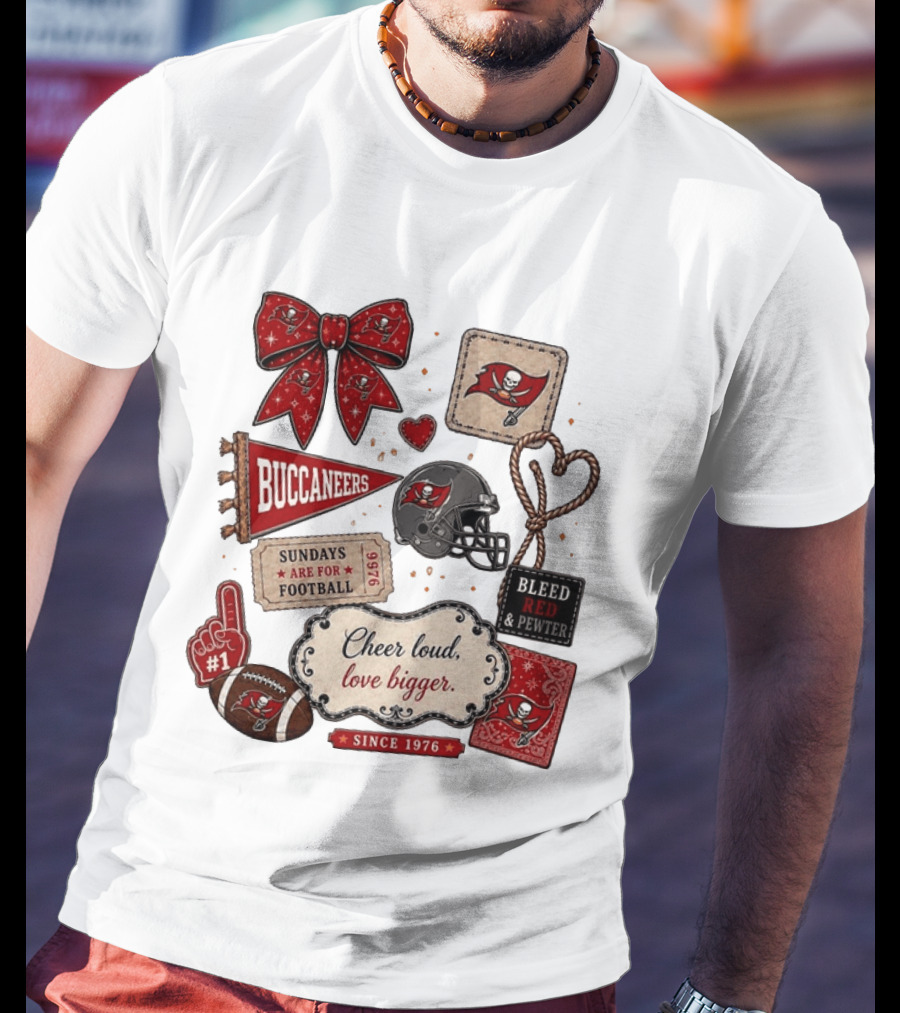 Tampa Bay Buccaneers Mom Red Floral Bow Cheer Loud Love Bigger Football Patch Collage T-Shirt