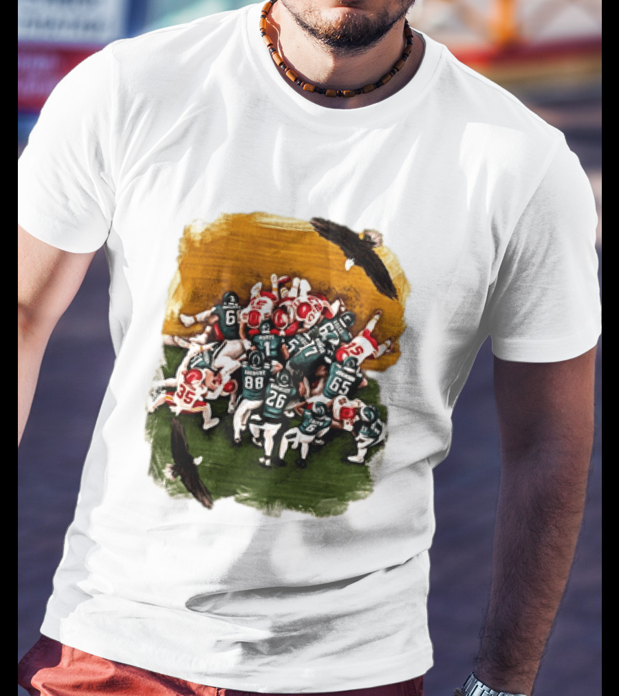 Philadelphia Eagles Tush Push Jalen Hurts Saquon Barkley Jason Kelce Action Play T-Shirt