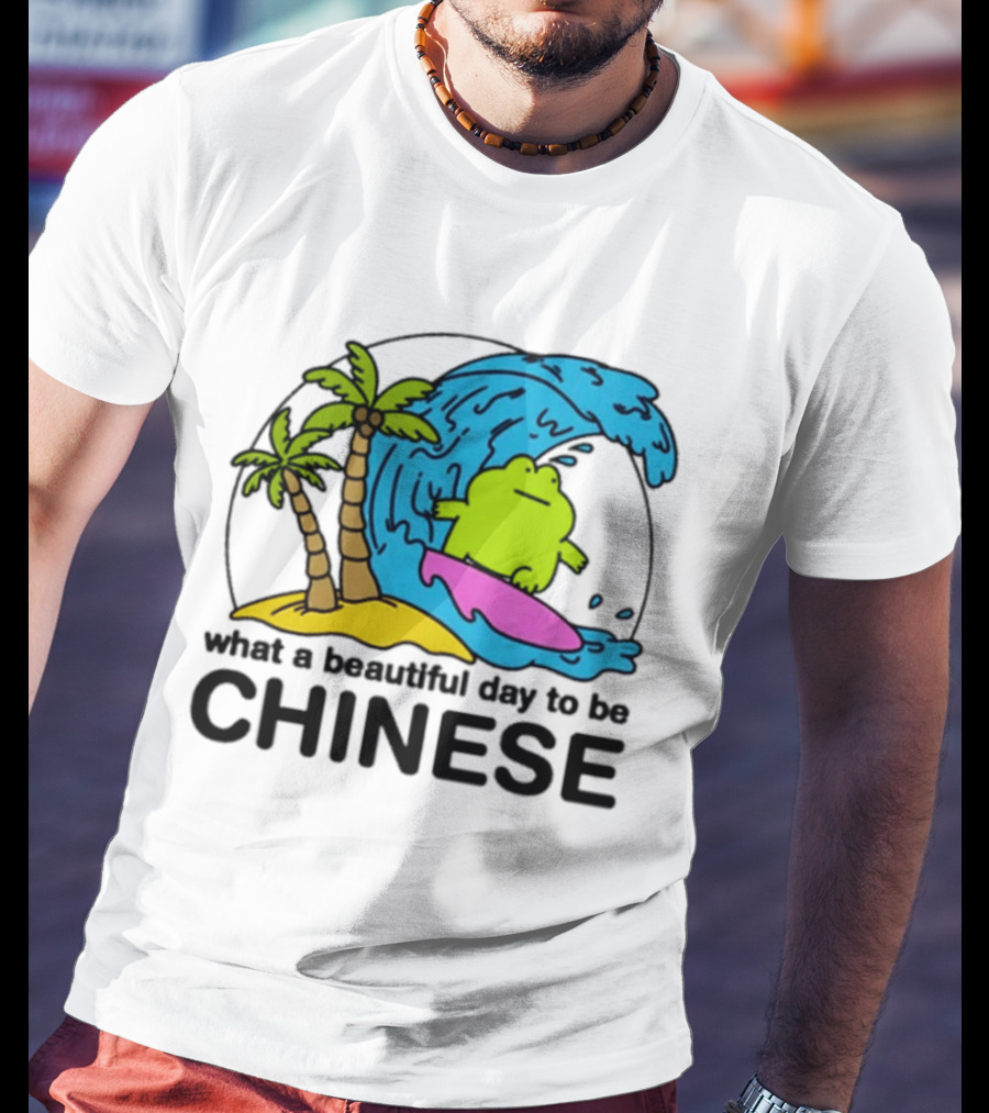 What A Beautiful Day To Be Chinese Surfing Frog With Palm Trees And Waves T-Shirt