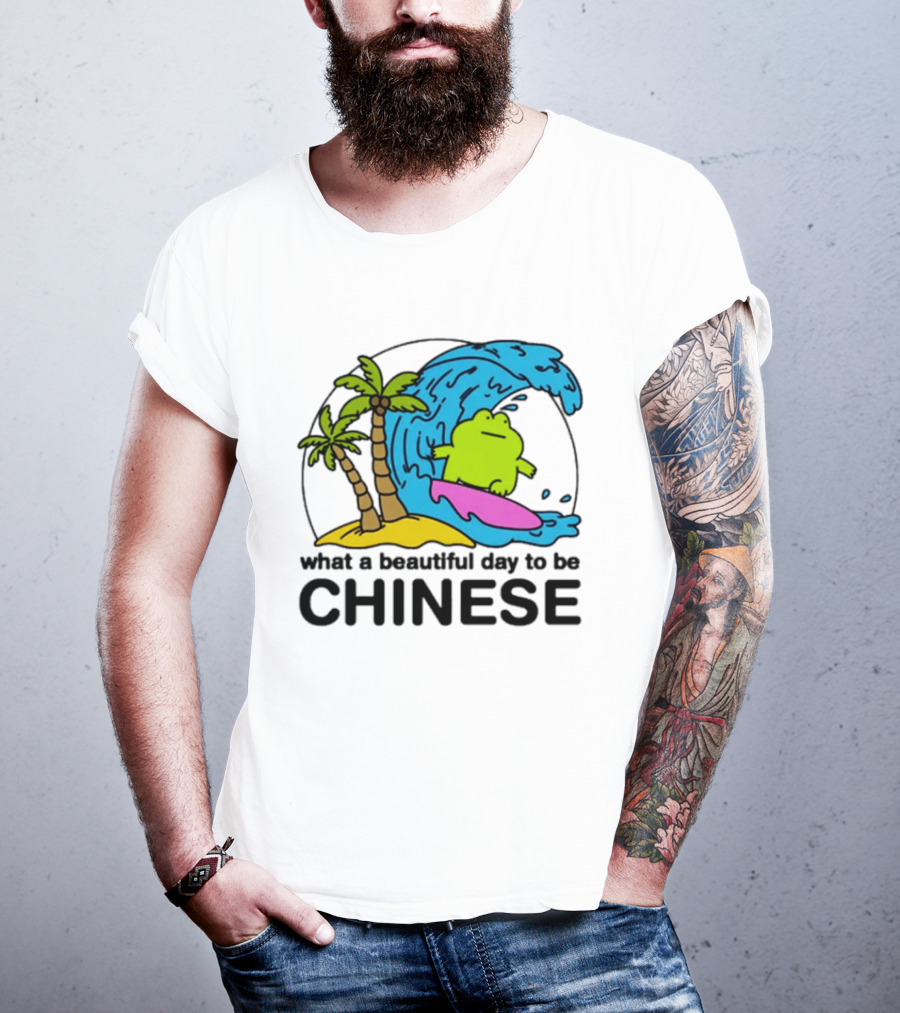 What A Beautiful Day To Be Chinese Surfing Frog With Palm Trees And Waves T-Shirt