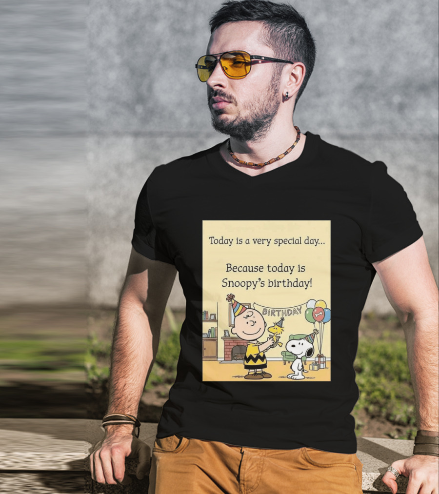 Celebrate Snoopy's Birthday With Charlie Brown And Woodstock In Party Hats And Balloons T-Shirt