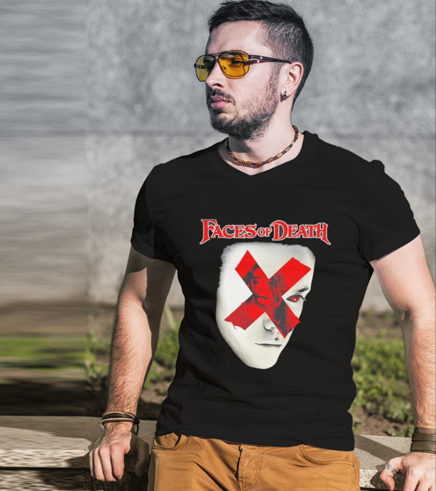 Faces Of Death Horror Movie Red X Iconic Scream Mask T-Shirt