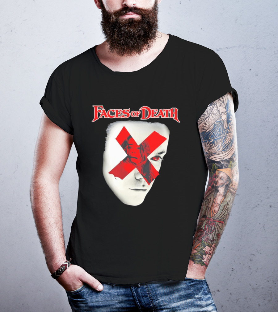 Faces Of Death Horror Movie Red X Iconic Scream Mask T-Shirt