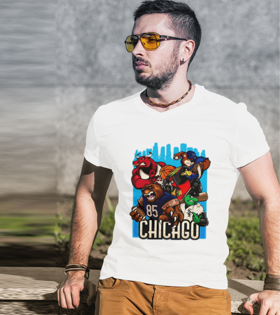 Chicago Bulls Bears Blackhawks Cubs White Sox Sports Team Characters T-Shirt