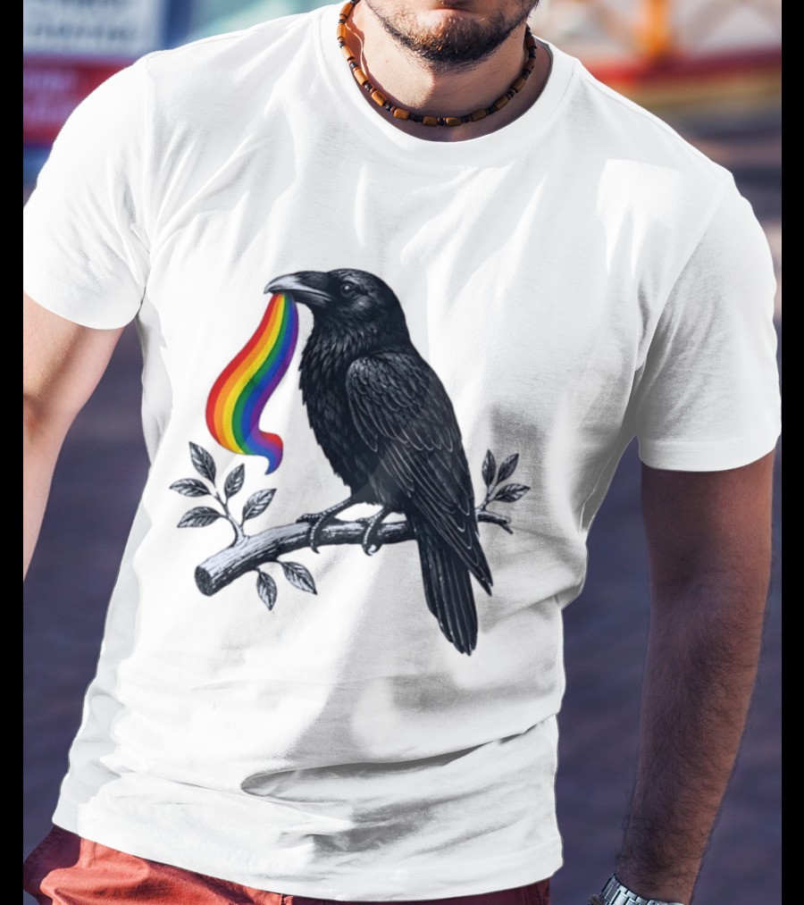 Rainbow Raven Pride Bird Holding Colorful Ribbon On Branch T-Shirt