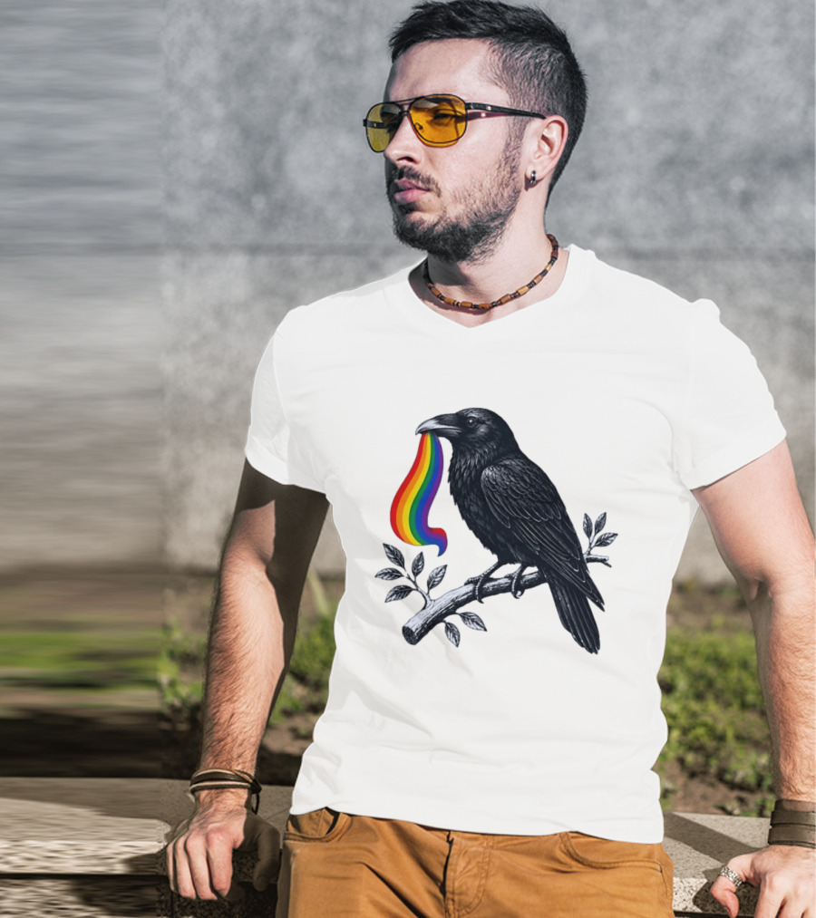 Rainbow Raven Pride Bird Holding Colorful Ribbon On Branch T-Shirt