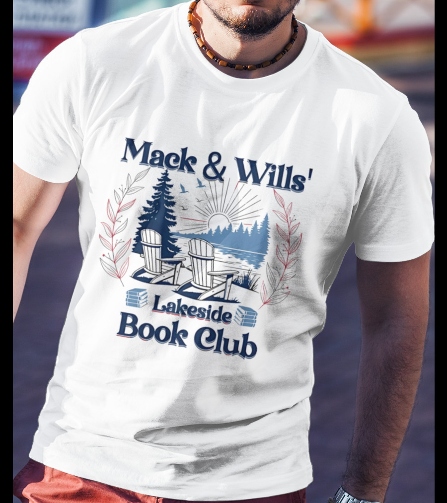 Mack & Wills' Lakeside Book Club Adirondack Chairs Sunset Scene T-Shirt