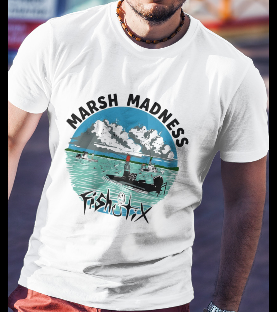 Marsh Madness Fishstix Boat Fishing Scene T-Shirt