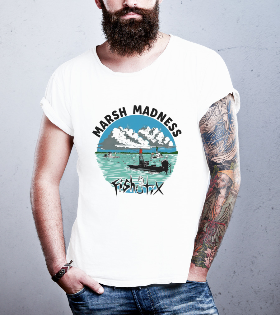 Marsh Madness Fishstix Boat Fishing Scene T-Shirt