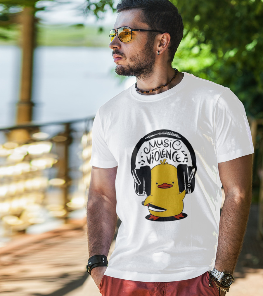 Murder Duck Music And Violence Headphones Knife Animal Bird T-Shirt