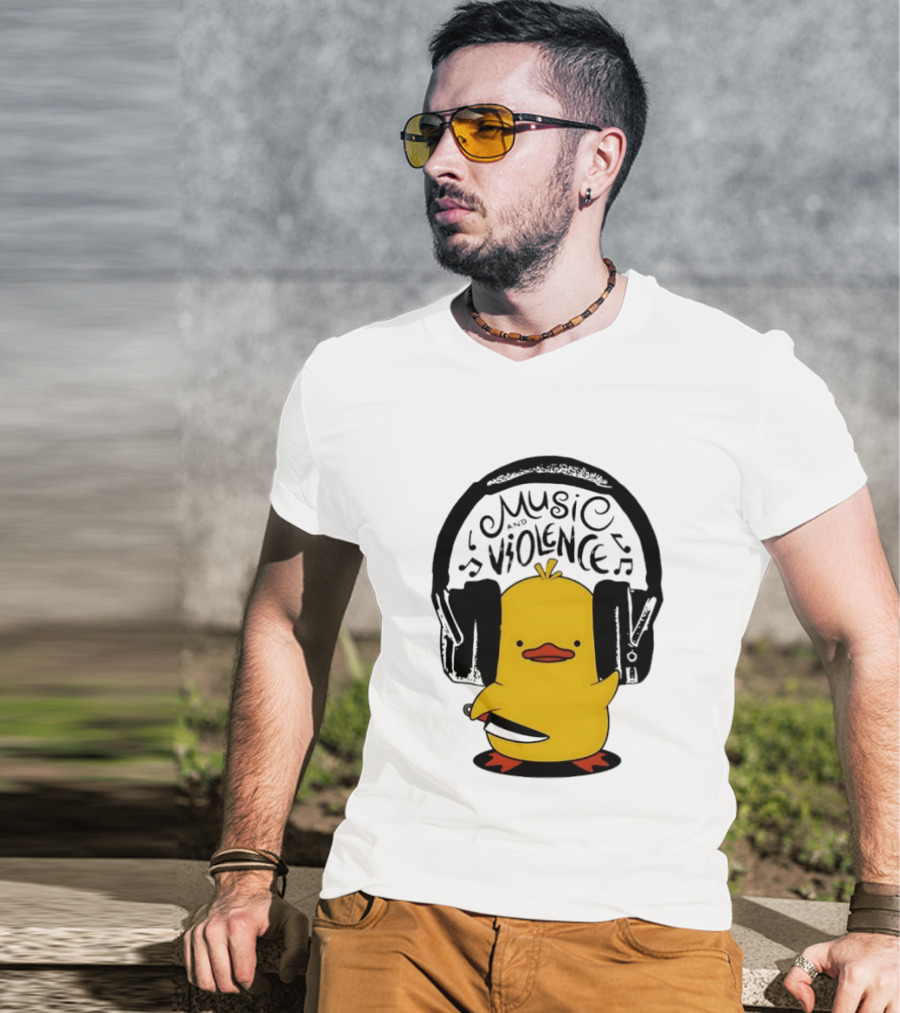 Murder Duck Music And Violence Headphones Knife Animal Bird T-Shirt