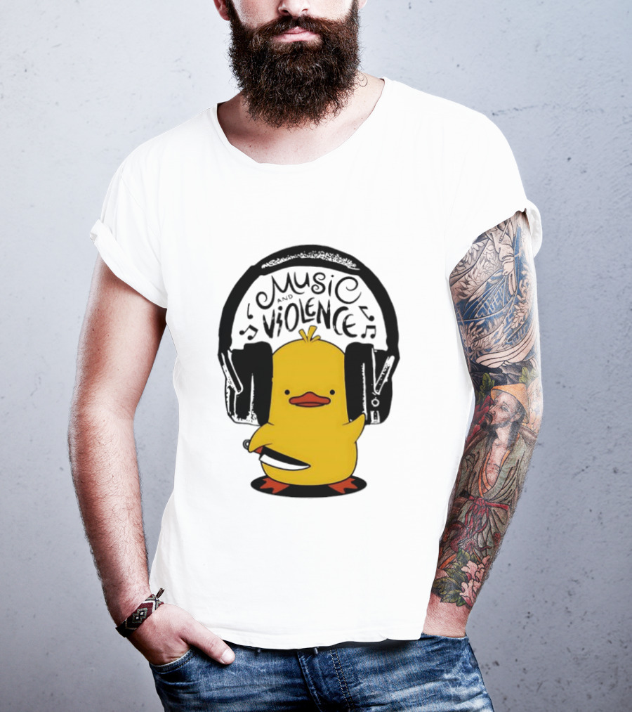 Murder Duck Music And Violence Headphones Knife Animal Bird T-Shirt