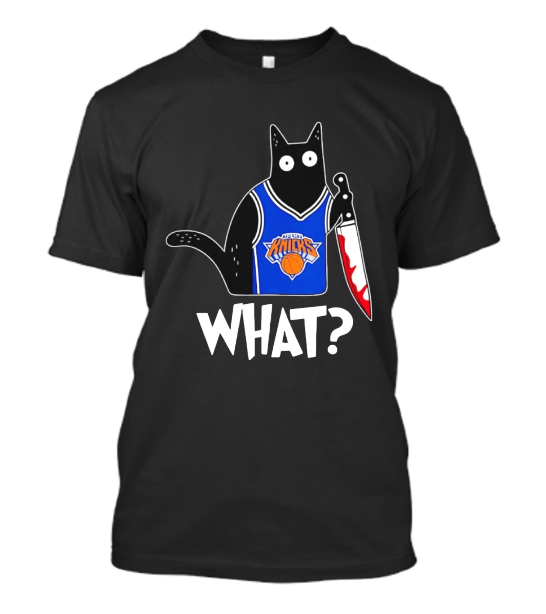 New York Knicks Cat Holding Knife Halloween WHAT T-Shirt