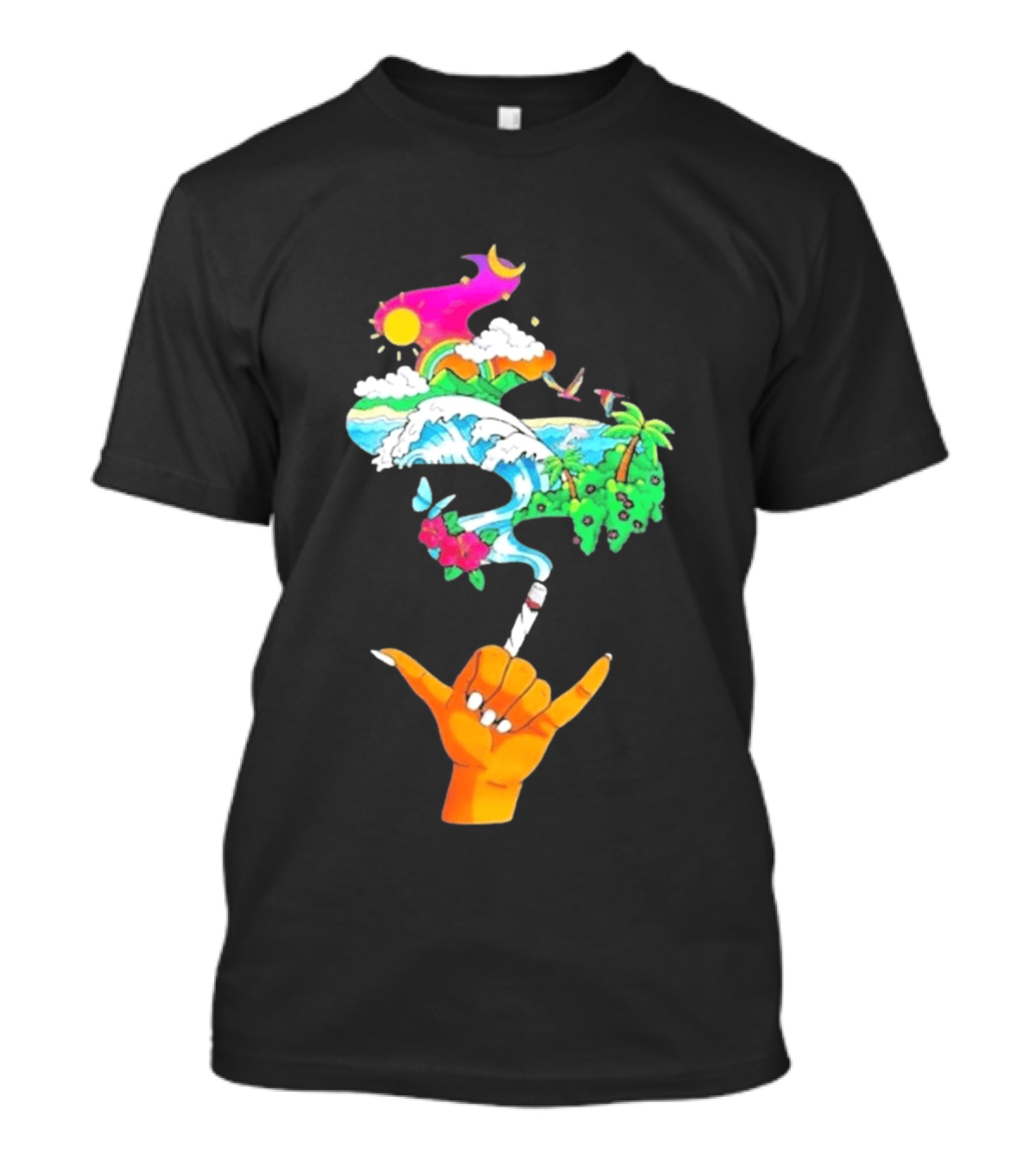 Shaka Hand Gesture With Tropical Island Wave And Colorful Clouds T-Shirt