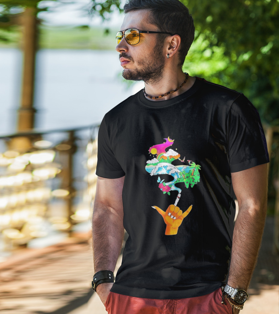 Shaka Hand Gesture With Tropical Island Wave And Colorful Clouds T-Shirt