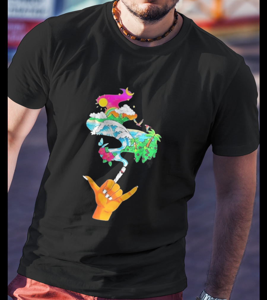 Shaka Hand Gesture With Tropical Island Wave And Colorful Clouds T-Shirt