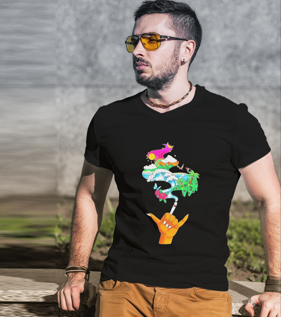 Shaka Hand Gesture With Tropical Island Wave And Colorful Clouds T-Shirt