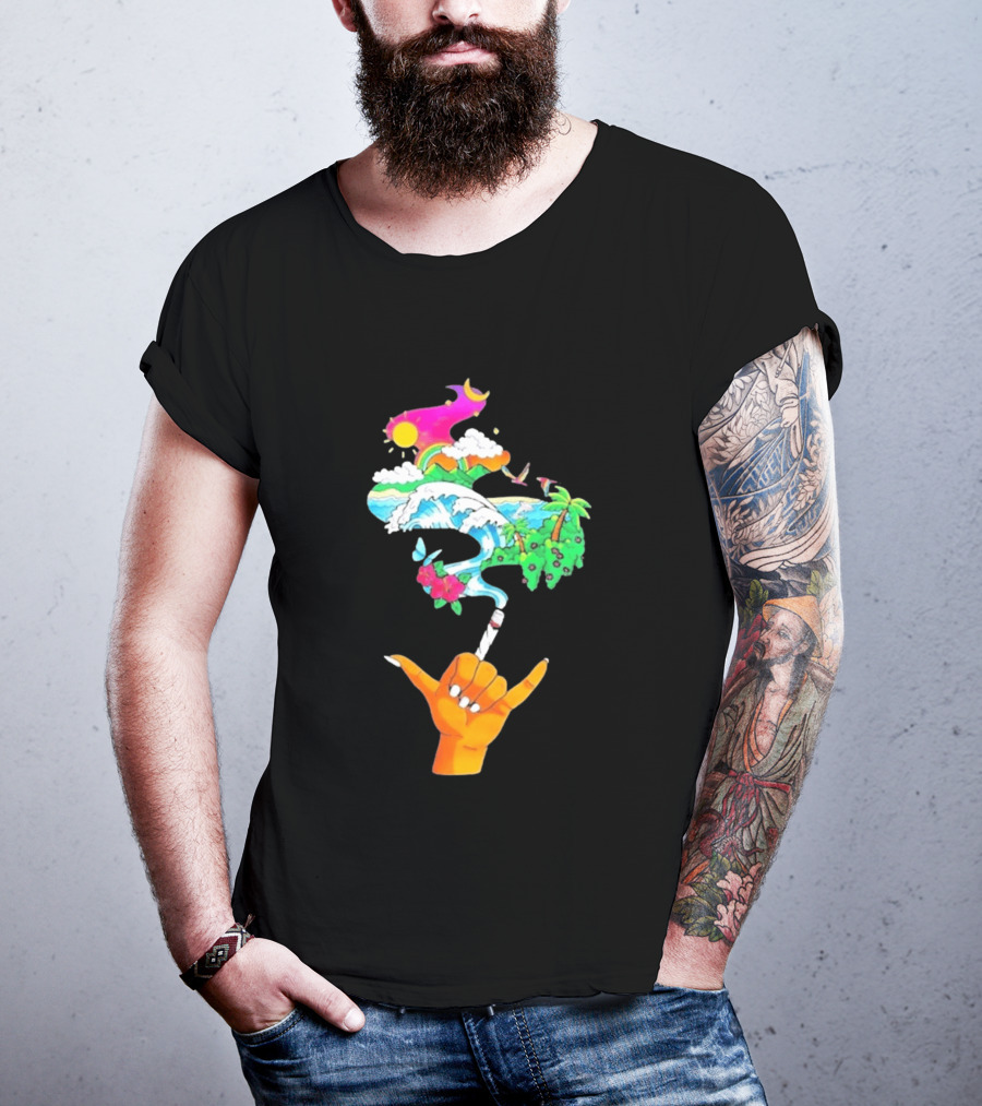 Shaka Hand Gesture With Tropical Island Wave And Colorful Clouds T-Shirt