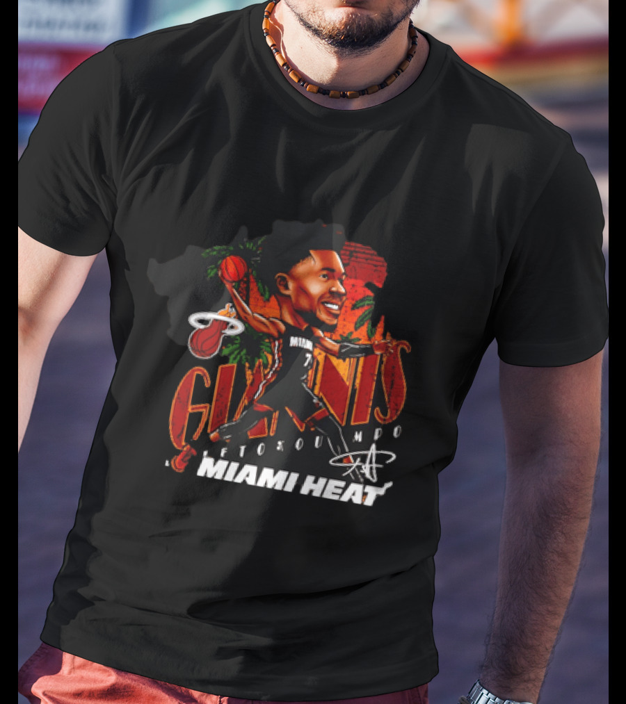 Giannis Antetokounmpo Miami Heat Cartoon Basketball Graphic Palm Trees T-Shirt