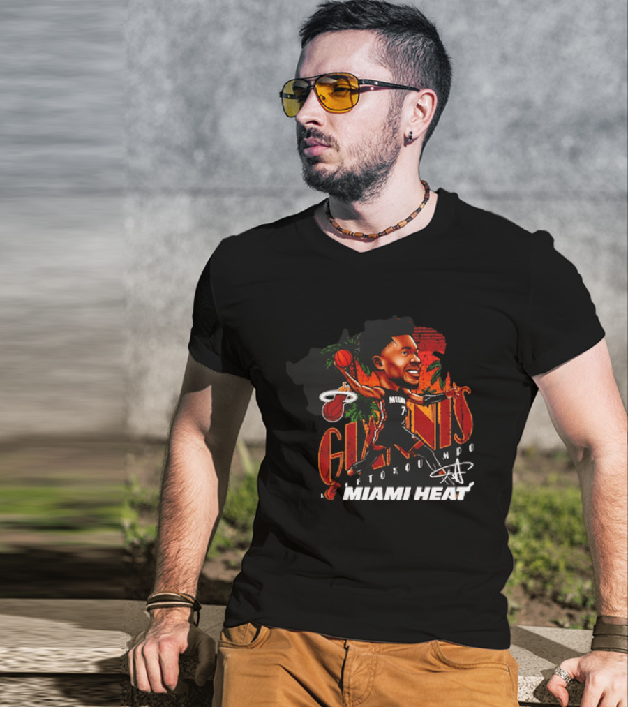 Giannis Antetokounmpo Miami Heat Cartoon Basketball Graphic Palm Trees T-Shirt