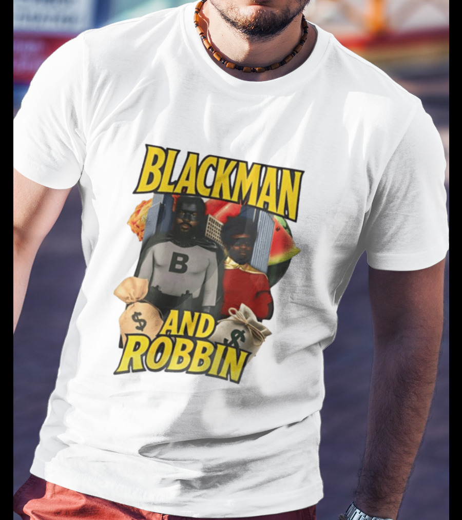 Blackman And Robbin Superhero Satire Comedy Money Bags Cityscape T-Shirt