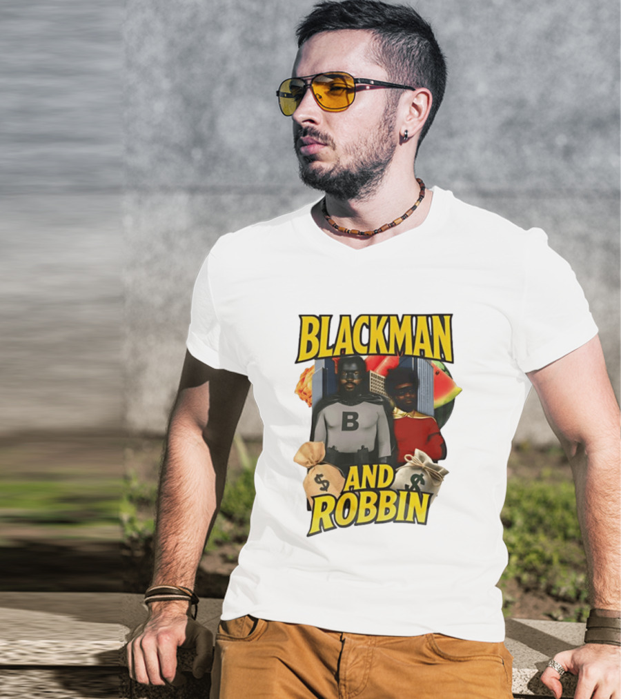 Blackman And Robbin Superhero Satire Comedy Money Bags Cityscape T-Shirt
