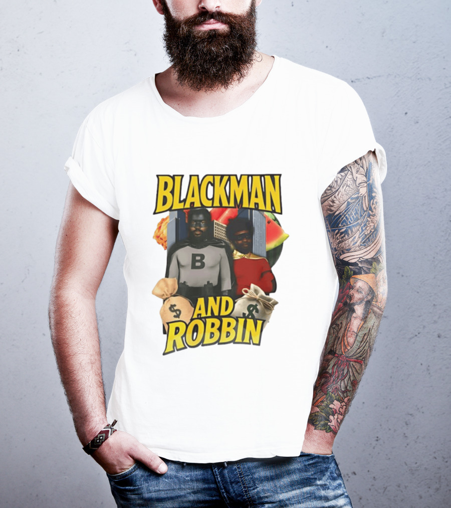 Blackman And Robbin Superhero Satire Comedy Money Bags Cityscape T-Shirt