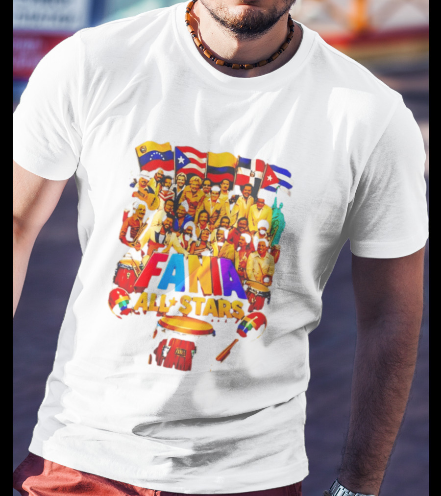 Fania All Stars Band With Colorful Flags And Musical Instruments T-Shirt