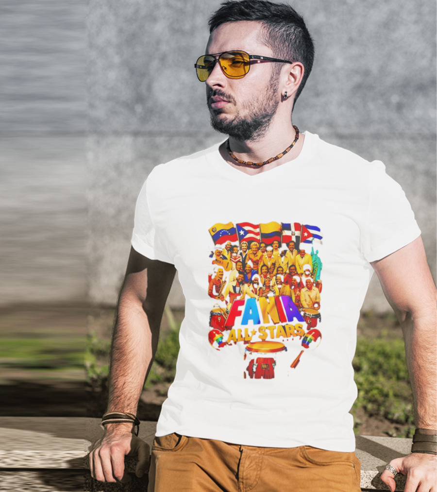 Fania All Stars Band With Colorful Flags And Musical Instruments T-Shirt