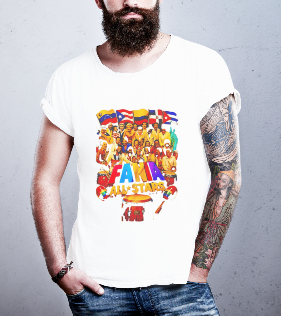 Fania All Stars Band With Colorful Flags And Musical Instruments T-Shirt