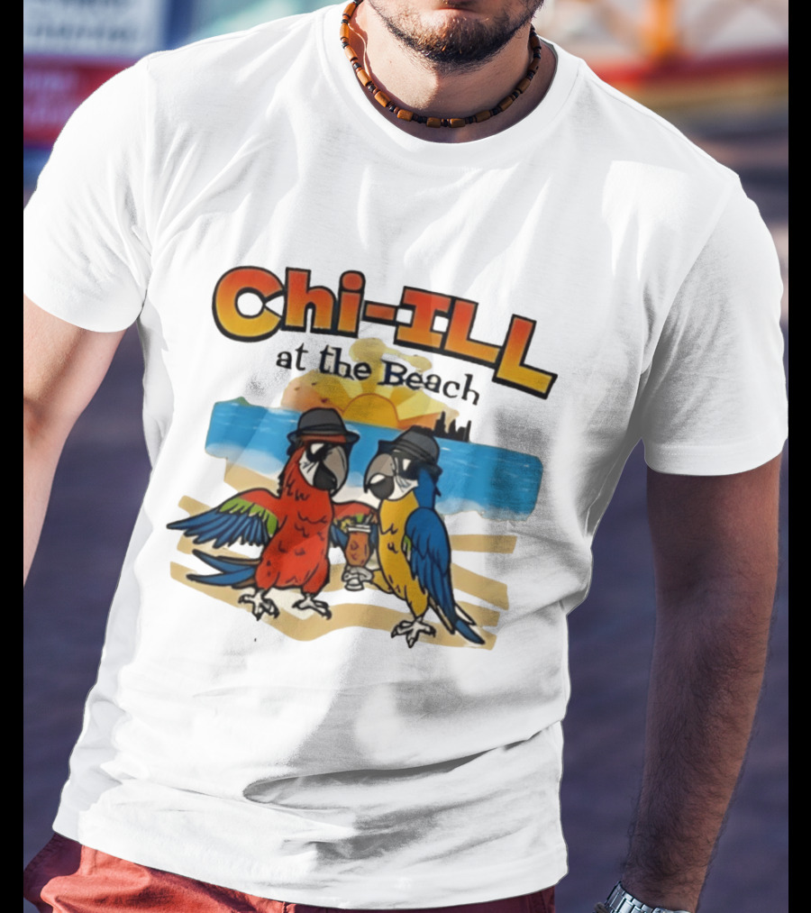 Chi ILL At The Beach Parrots With Hats And Sunset Scene T-Shirt