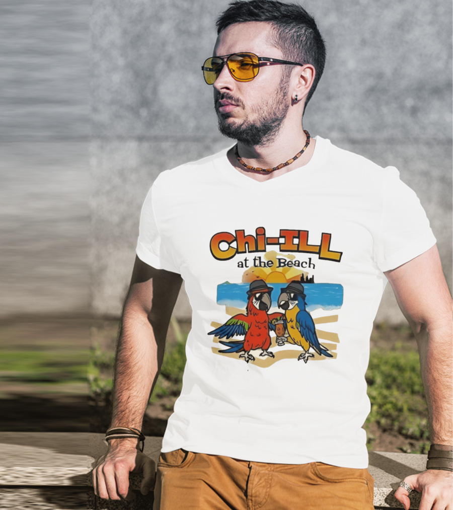 Chi ILL At The Beach Parrots With Hats And Sunset Scene T-Shirt