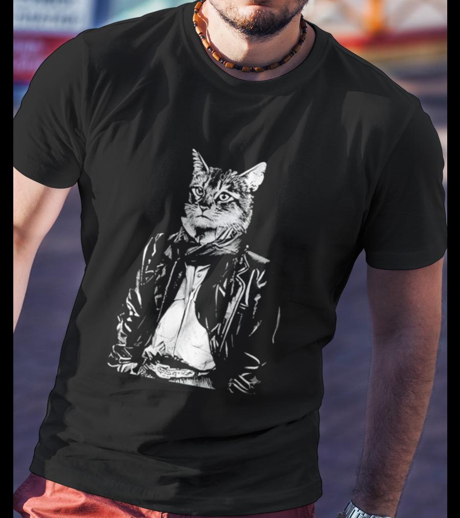 Cat They Only Come Out At Night Cool Cat In Leather Jacket T-Shirt