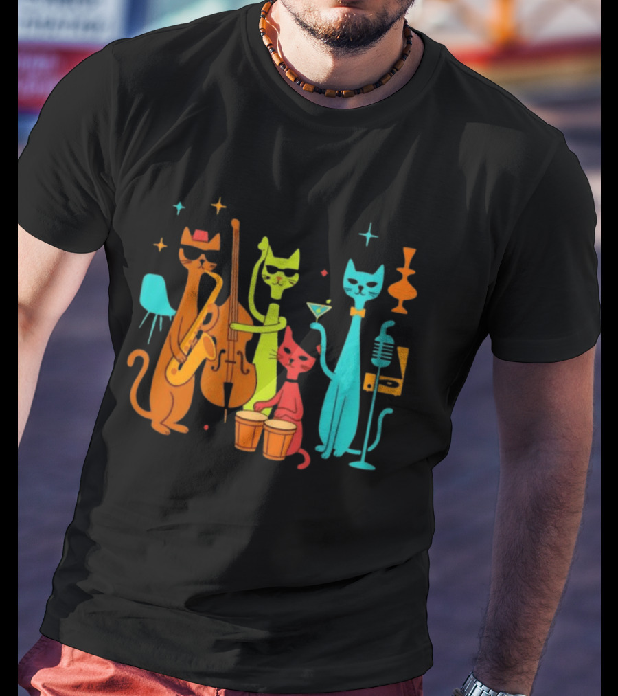 Jazz Cat Quartet Playing Instruments Bass Bongo Trumpet Martini T-Shirt