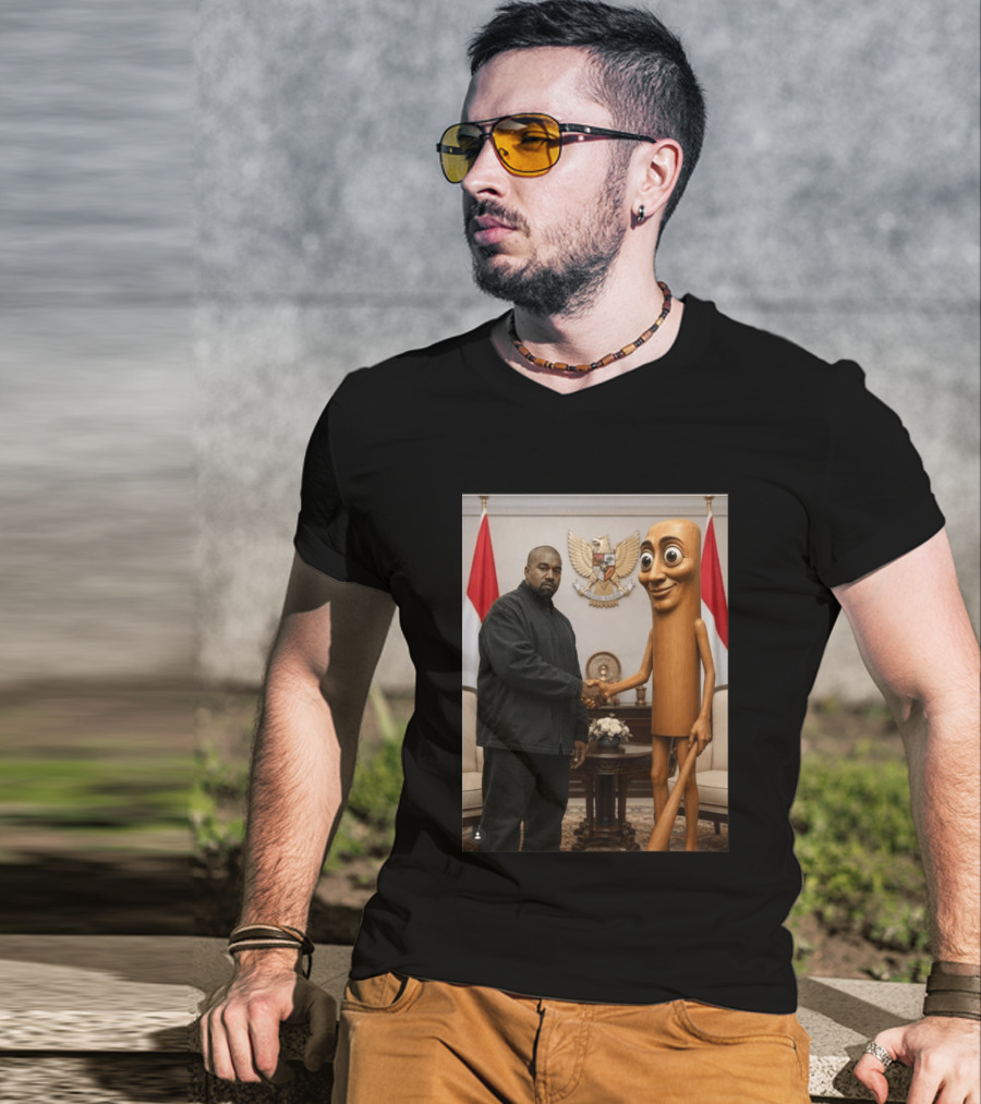 Kanye West And Indonesian Sahur Shaking Hand With Tung Tung Baton In Presidential Setting T-Shirt