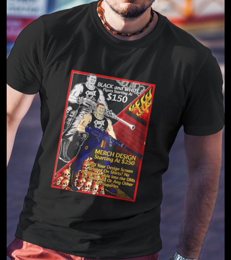 Crux Black And White Flyers And Merch Services Skulls And Flames Promo T-Shirt