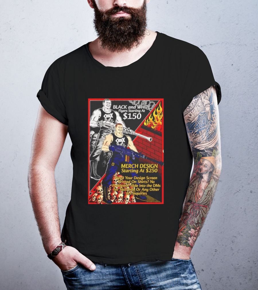 Crux Black And White Flyers And Merch Services Skulls And Flames Promo T-Shirt