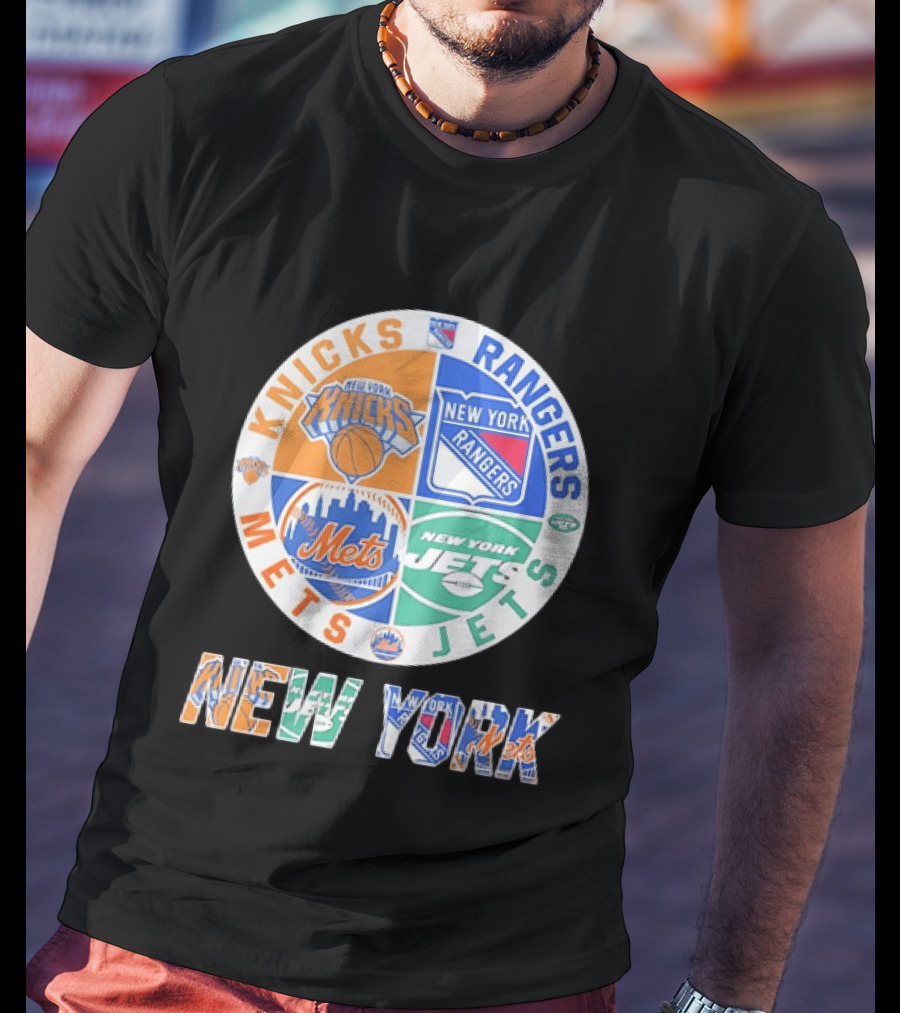 New York Knicks Rangers Mets Jets Fan Logos NY Sports Team Circle T-Shirt